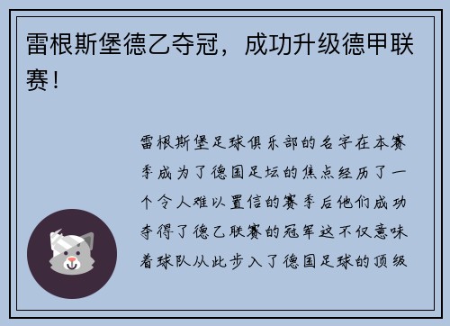 雷根斯堡德乙夺冠，成功升级德甲联赛！